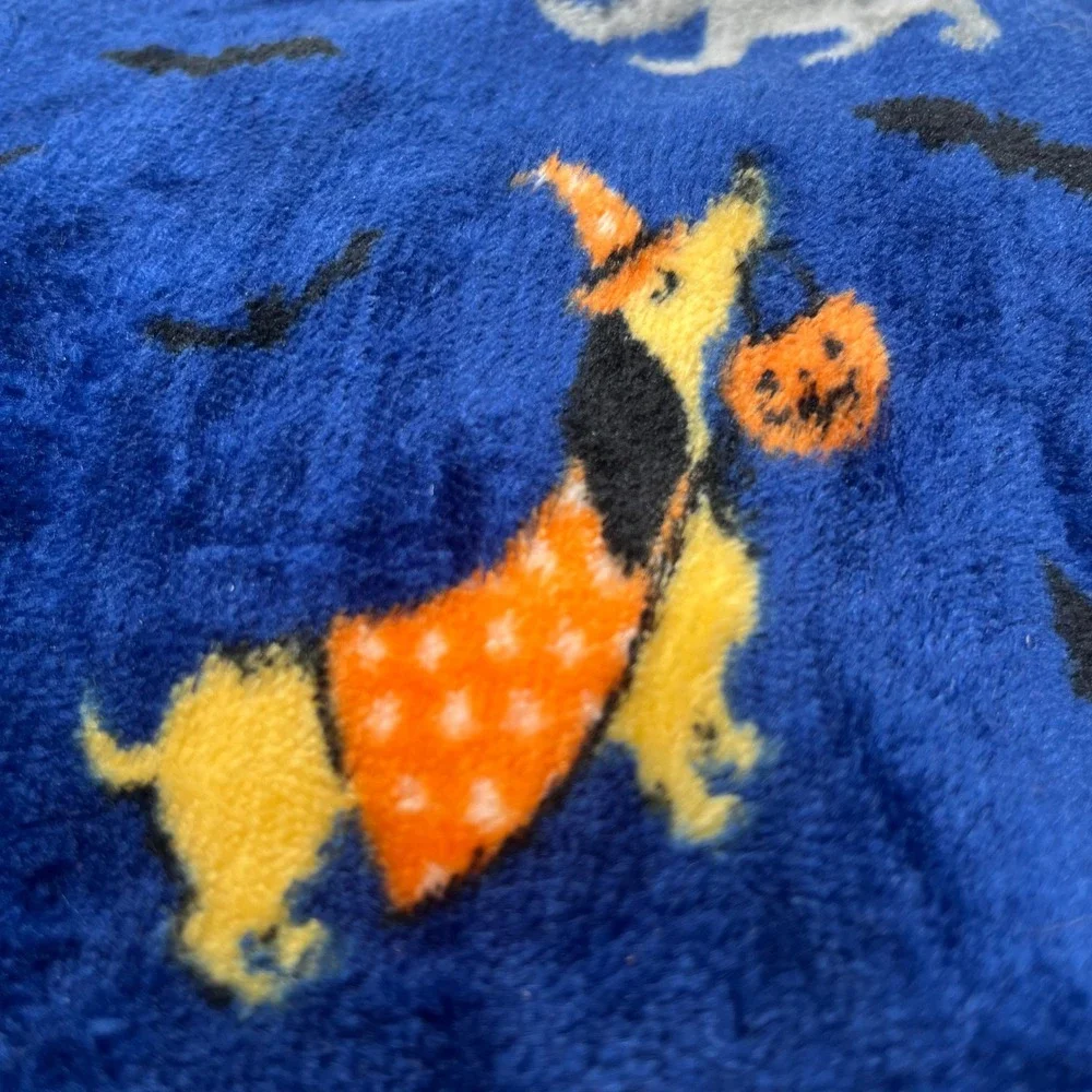 Halloween Plush Throw Blanket - Dogs Cats Costumes Witch Moon Blue 50